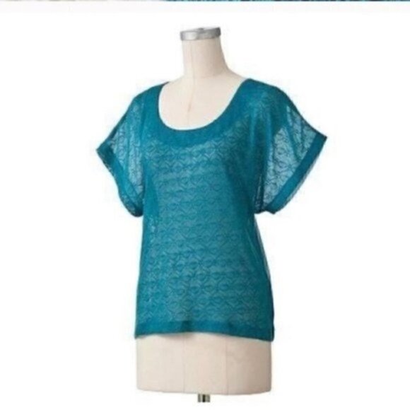 Lauren Conrad Blouse XS Aqua Lace Sheer Dolman - Picture 4 of 9